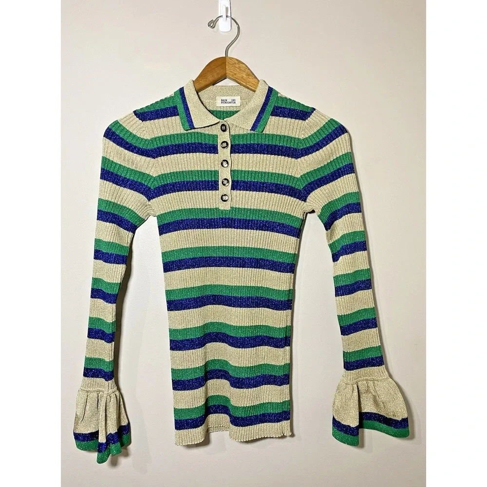 BAUM UND PFERDGARTEN Cliantha Polo Knit Top Size 4 Metallic Striped L/S Sweater